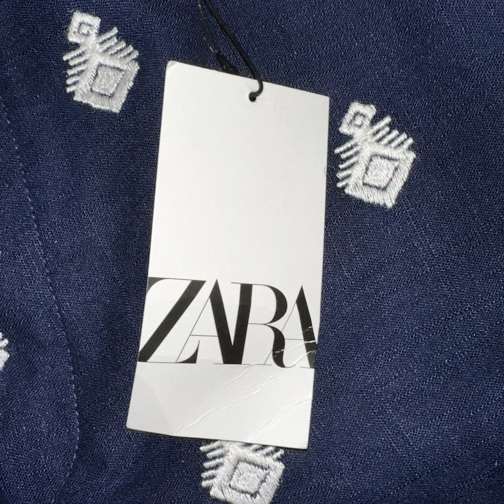 ZARA NAVY FLOWING HIGH WAIST LINEN TROUSERS WIDE LEG EMBROIDERED CULOTTES PANT S